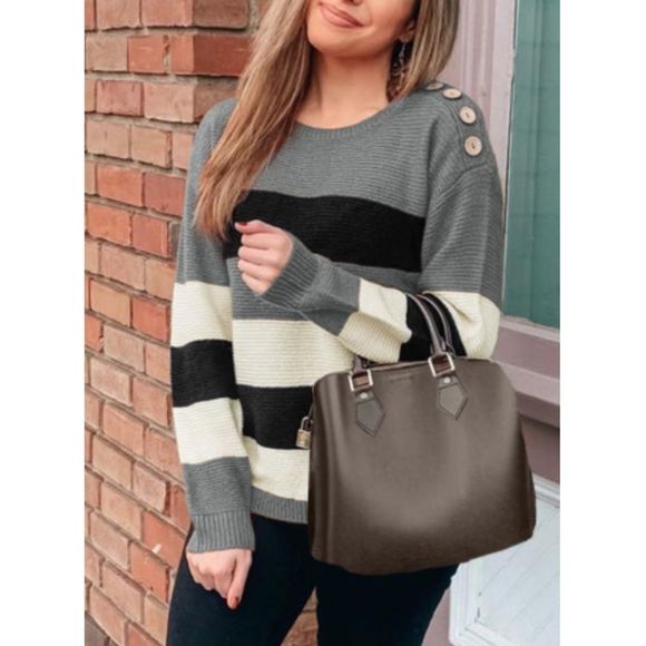 Button Detail Colorblock Sweater - Picture 1 of 9